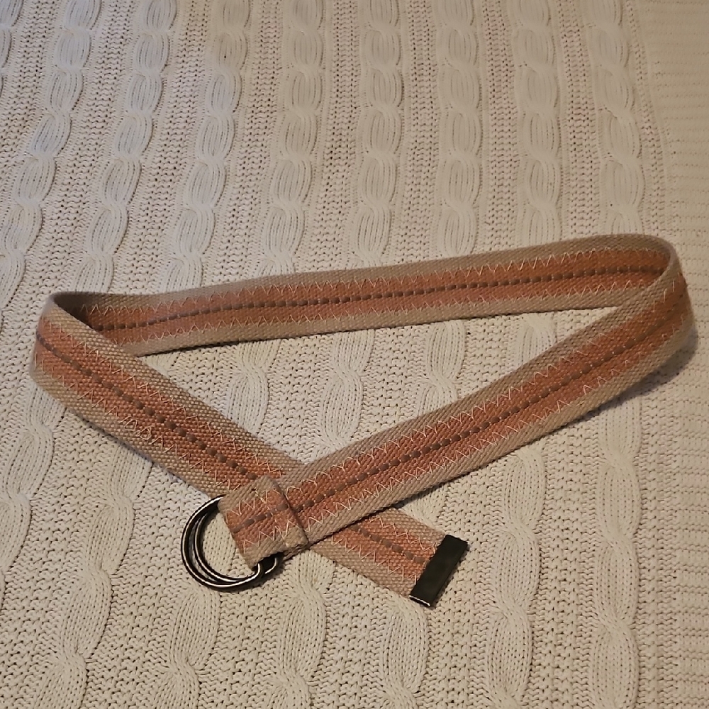 Beige and Pink Woven Belt with Metal D-ring Buckle